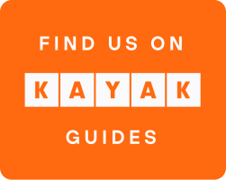 Orange background with text: 'Find us on KAYAK Guides'.